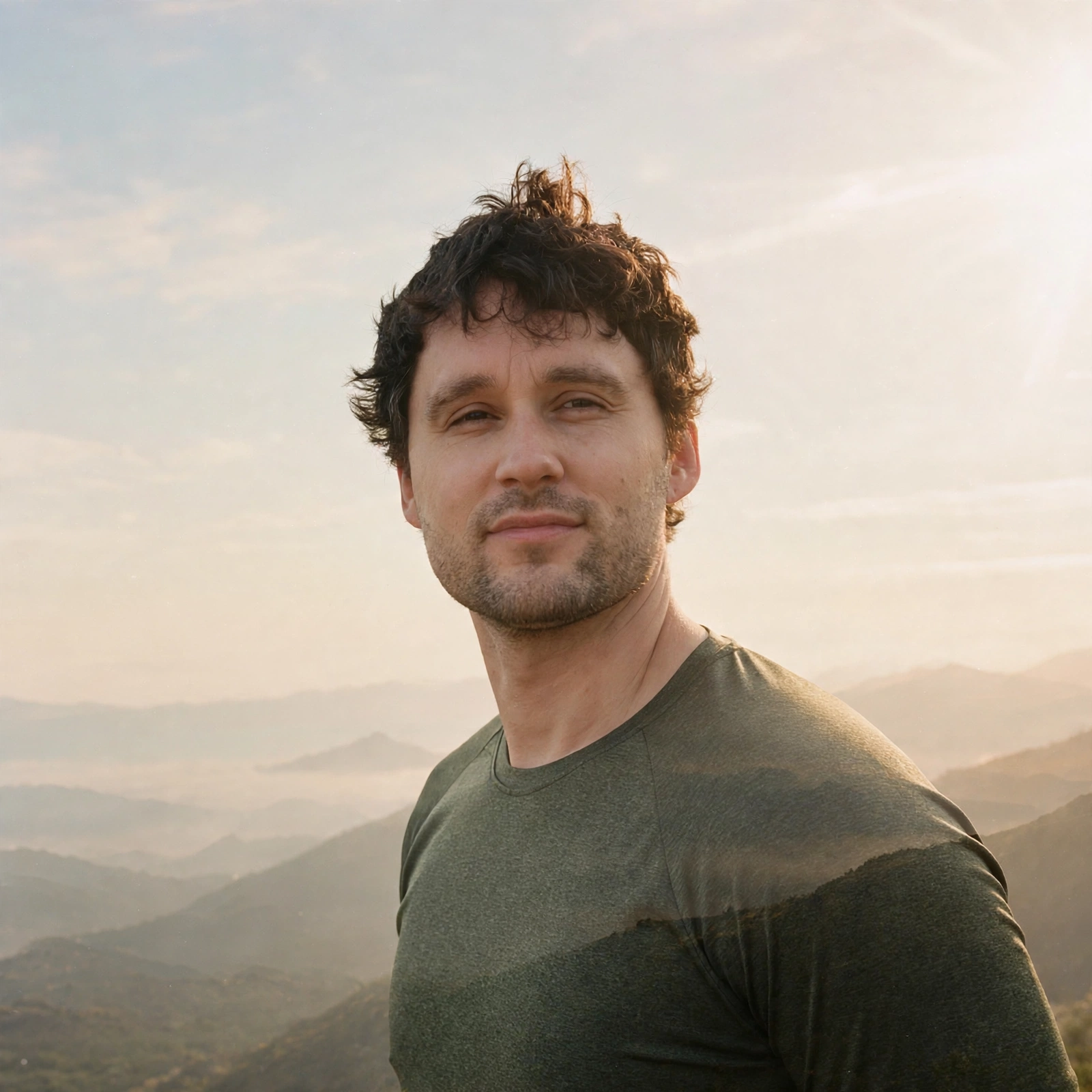 Noah Spott looking toward the camera, with misty mountains behind him